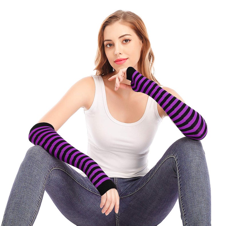 Bienvenu Punk Gothic Rock Long Arm Warmer Fingerless Gloves,Black Purple - Image 4